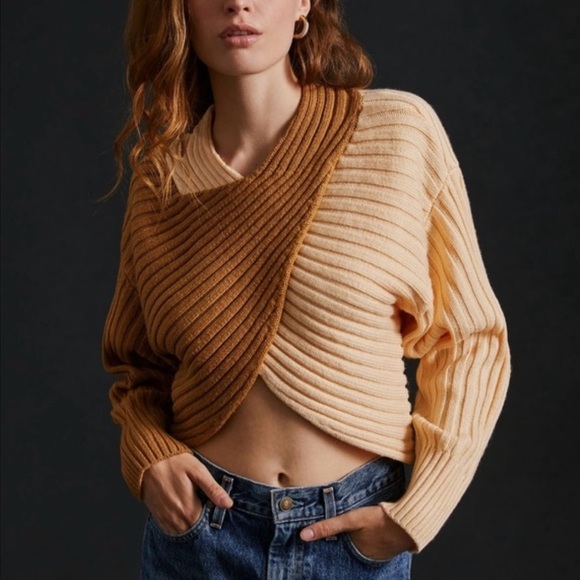 By Anthropologie Brown and Cream V-Neck Wrap Sweater with Ribbed Texture Size M - Picture 1 of 11